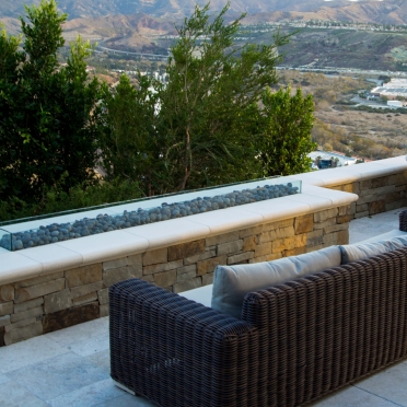 Long Firepit with Stones and Glass Shield